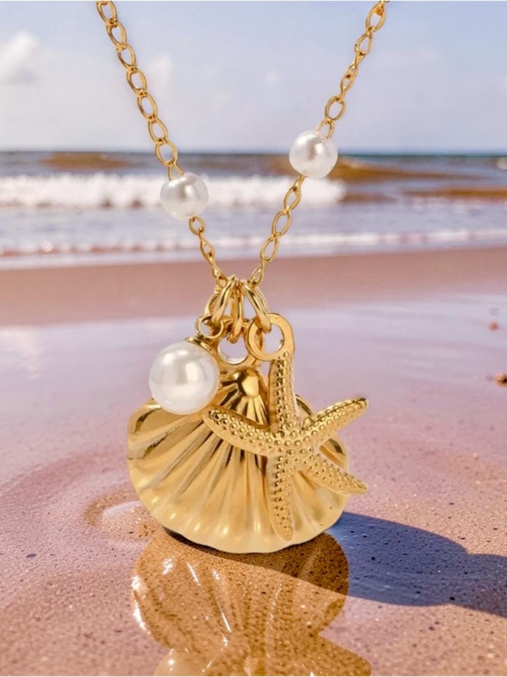Gold Shell & Starfish Pendant Necklace with Fresh Water Pearls - Women Jewelry